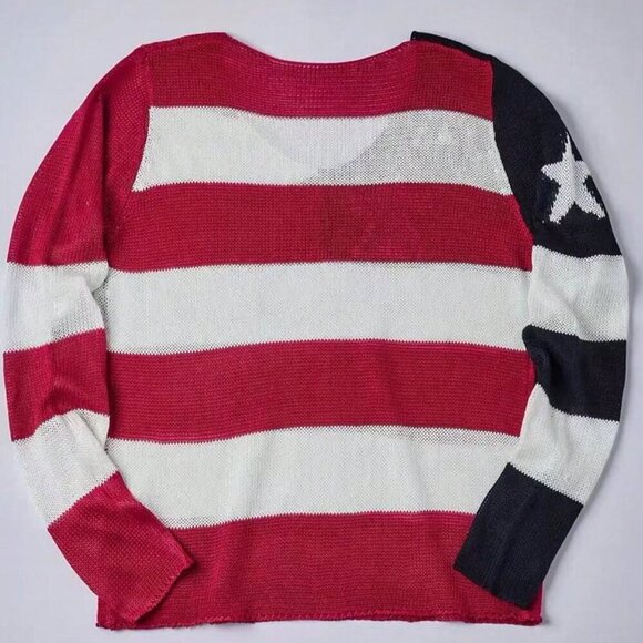 Multicolor Casual Women's Star Pattern 4th Of July V Neck Knit Long Sleeve Top - Picture 2 of 3